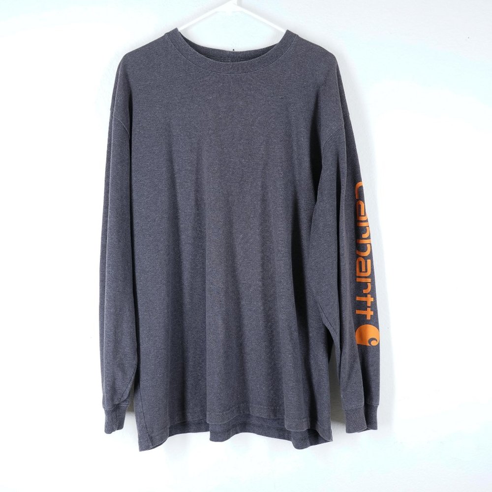 CARHARTT Mens Size XL Original Fit Long Sleeve Tee Spellout Logo Gray Orange